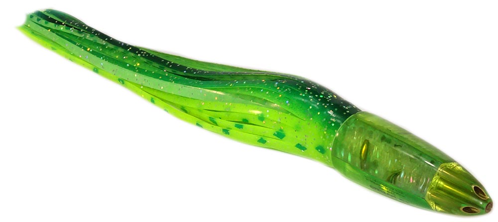 JB Lures - Sally Series - Four Hole Jet - Natural MOP Shell with Fluoro Green Tint - Mahi Mahi Loomo